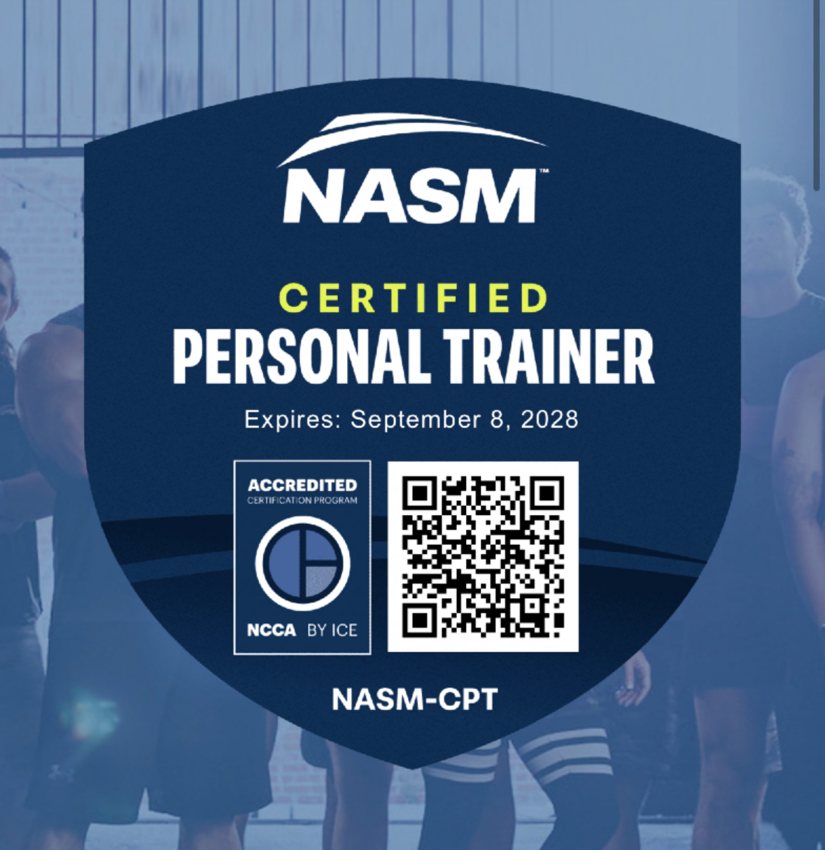 Official NASM Certified Personal Trainer badge, expires September 8, 2028